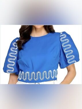 Royal blue/white embroidered short, bubble sleeve crop top (Boutique): Size M